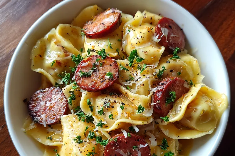 Fresh ingredients for Creamy Sausage Pasta Bake