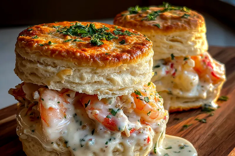 Fresh ingredients for Creamy Seafood Biscuit Stacks