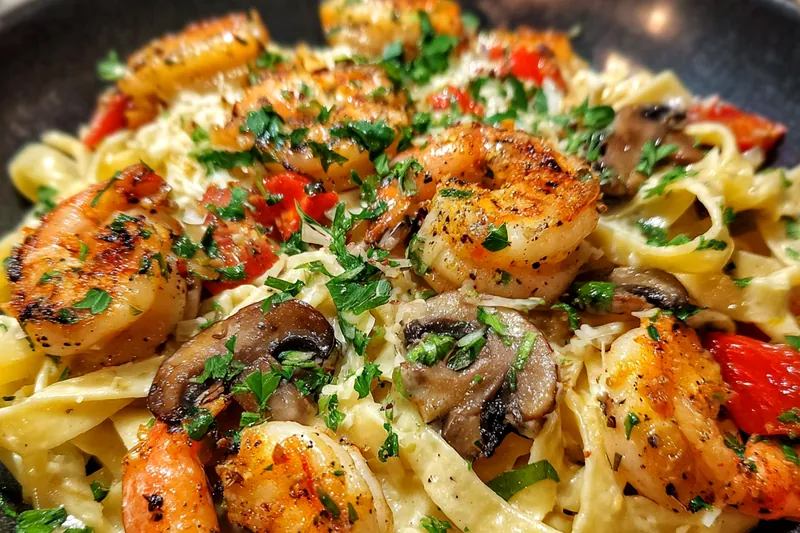 Fresh ingredients for Creamy Shrimp Mushroom Pasta