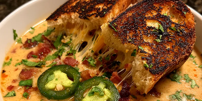 A steaming bowl of Creamy Spicy Jalapeño Soup topped with fresh cilantro and jalapeño slices.
