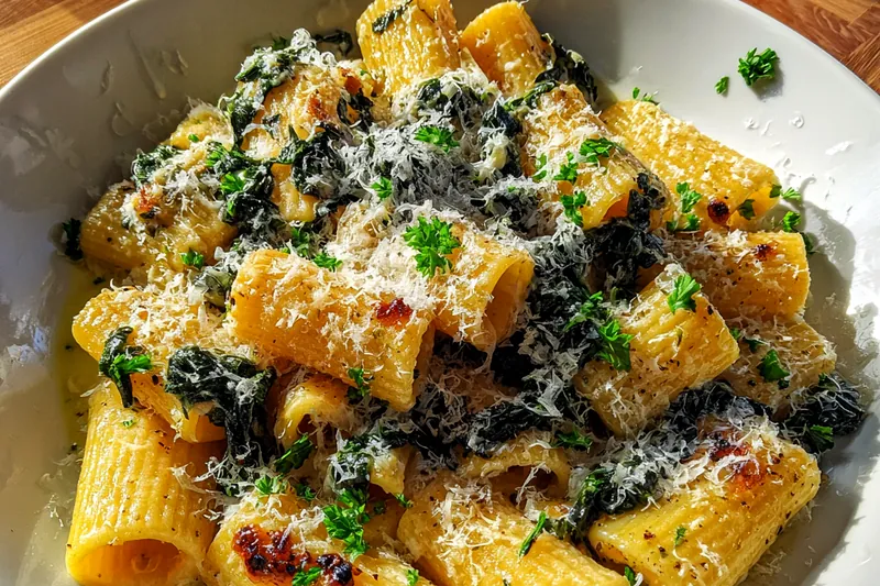 Cooking process for Creamy Spinach Rigatoni Bake