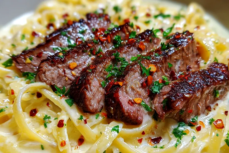 Cooking process for Creamy Steak Pasta Delight