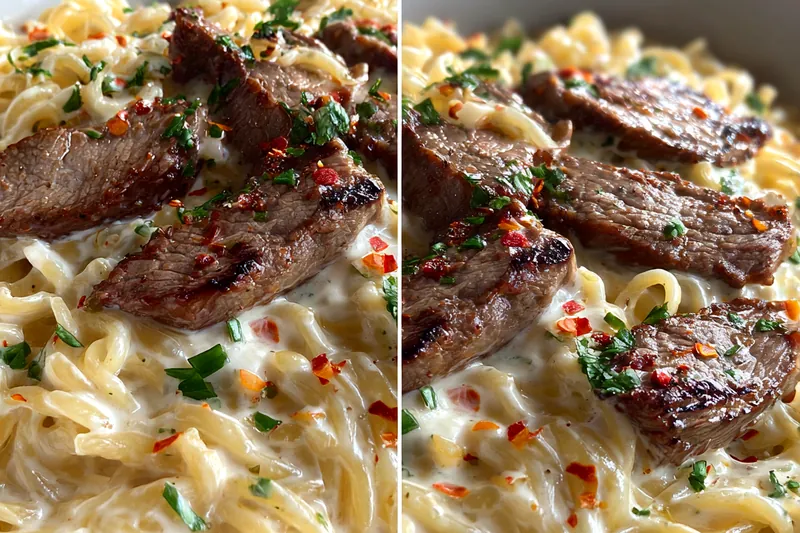 Fresh ingredients for Creamy Steak Pasta Delight