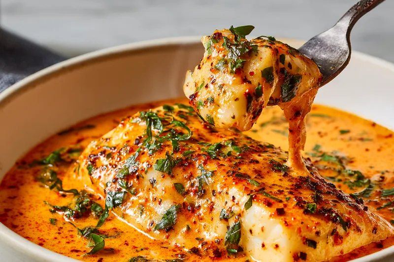 A fork lifting a piece of creamy tilapia covered in roasted pepper sauce from a bowl