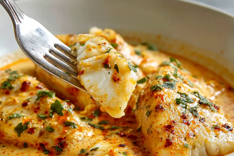 Raw ingredients for creamy tilapia including tilapia fillets, jar of roasted peppers, cream, onion, garlic, and spices on a marble surface