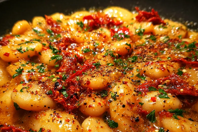 Chef cooking Creamy Tuscan Butter Beans in a skillet, showcasing the creamy texture and vibrant fresh spinach.