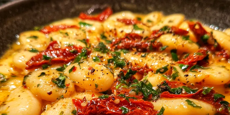 A hearty bowl of Creamy Tuscan Butter Beans topped with Parmesan cheese and fresh herbs, served with crusty bread.