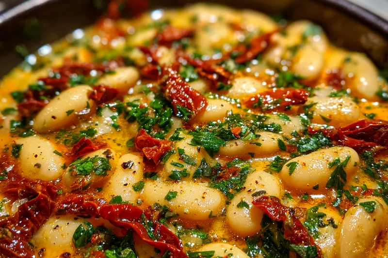 A collection of fresh ingredients including butter beans, spinach, and aromatic herbs for Creamy Tuscan Butter Beans.