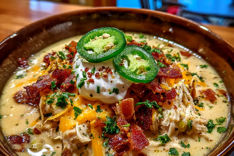 Creamy white chicken chili simmering in a large pot with visible shredded chicken and beans in rich, creamy broth