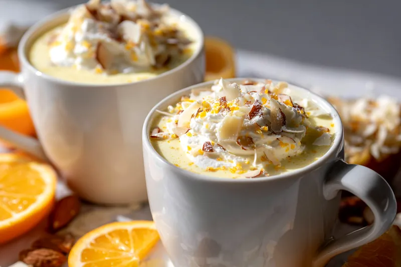 A hand whisking chopped white chocolate into steaming milk and cream in a saucepan.