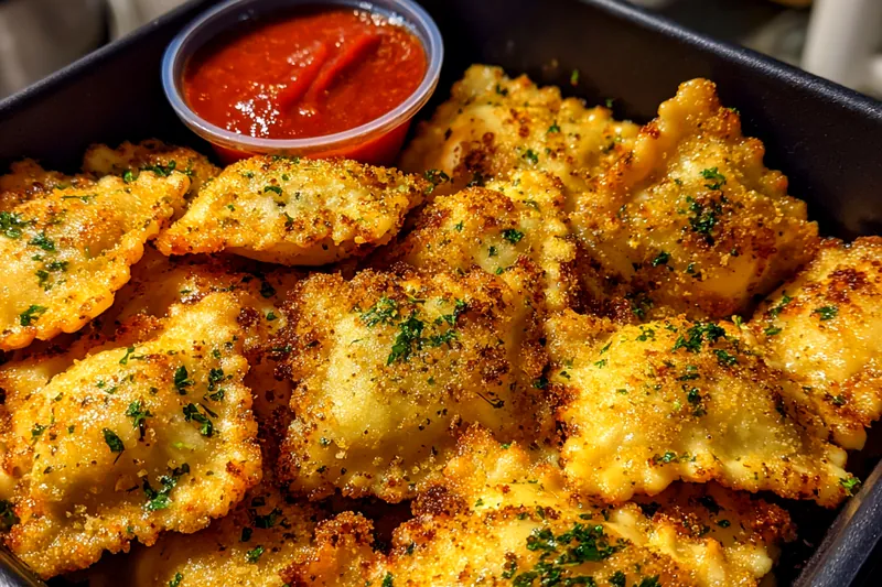The process of air-frying crispy ravioli in the air fryer.