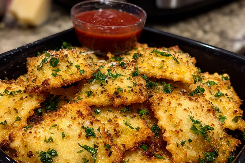 The ingredients for Crispy Air-Fried Ravioli displayed on a wooden countertop.