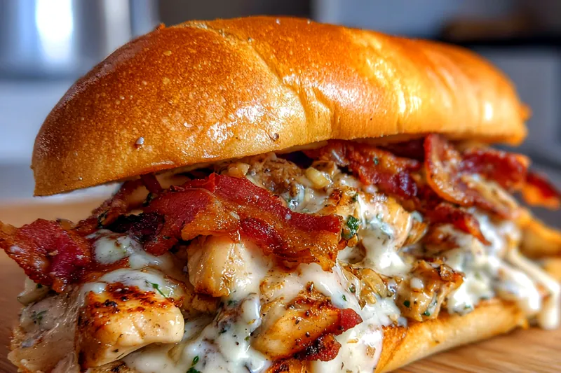 Raw ingredients for bacon ranch chicken burger including chicken breasts, bacon strips, burger buns, cheese, ranch dressing, and seasonings on a wooden board