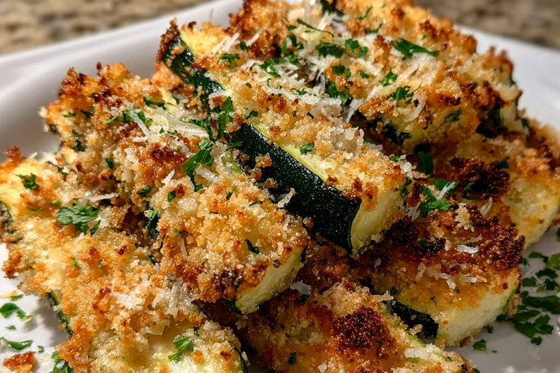 Baking tray with golden brown Crispy Baked Parmesan Zucchini Sticks in the oven.