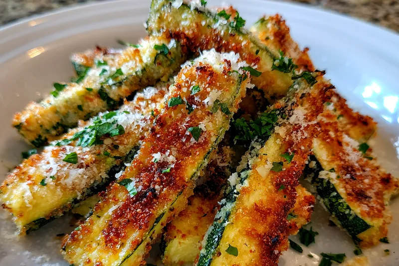 An assortment of fresh zucchini and ingredients for Crispy Baked Parmesan Zucchini Sticks.