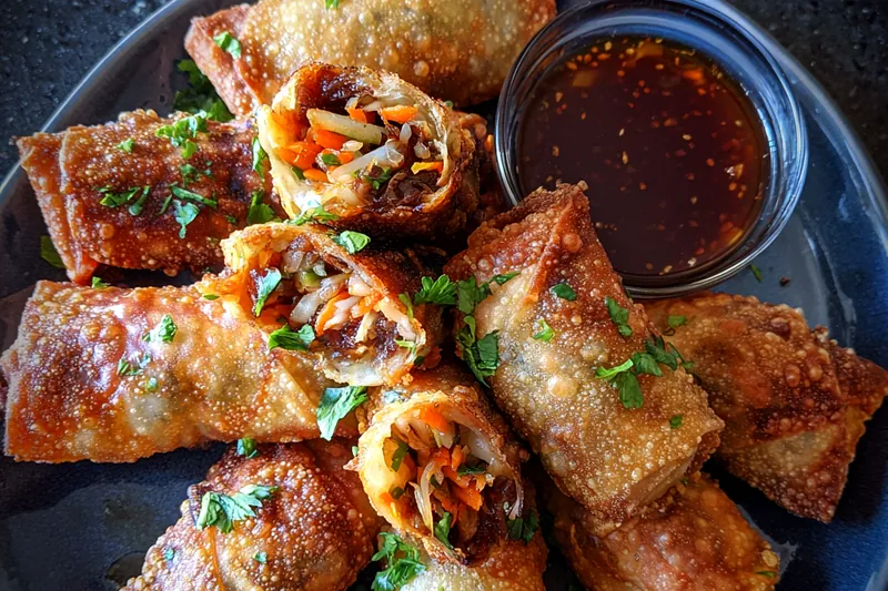 The cooking process of frying Crispy BBQ Beef Egg Rolls in hot oil, showing the golden brown color as they cook.