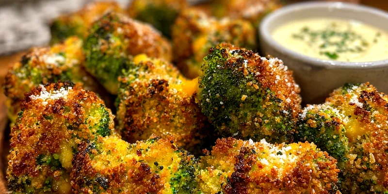 A plate of crispy cheddar broccoli bites garnished with herbs, showcasing their golden-brown exterior.