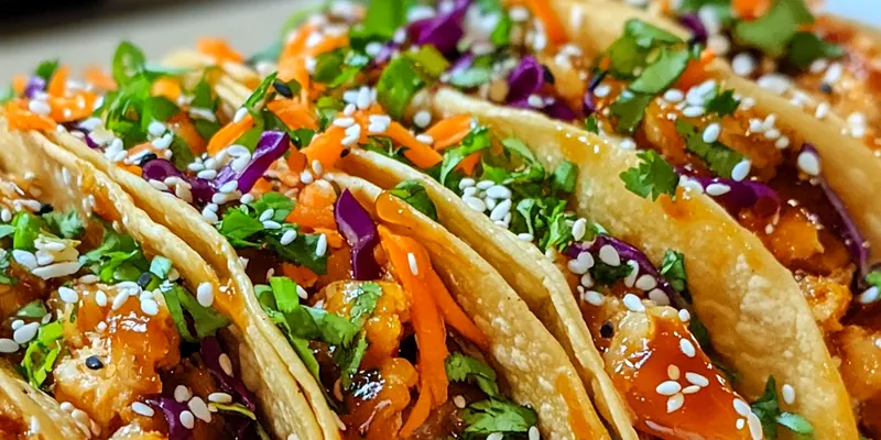 A vibrant plate of Crispy Chicken Wonton Tacos Delight garnished with fresh ingredients.