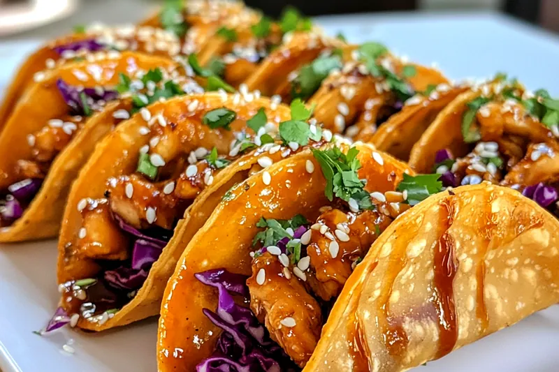 An array of fresh ingredients for Savory Chicken Wonton Tacos, including chicken, wonton wrappers, and vegetables.