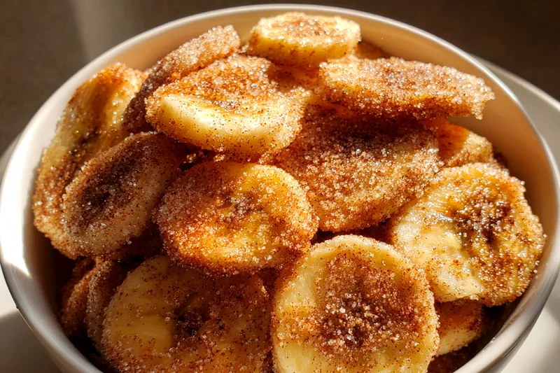 Thin banana slices arranged on parchment-lined baking sheet, coated with cinnamon sugar, showing the proper spacing and thickness for even crisping