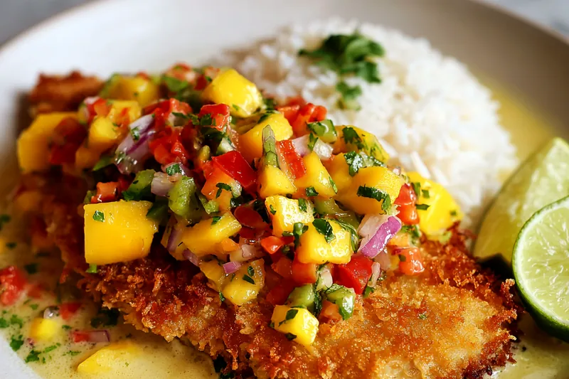 Raw ingredients for the recipe including fresh fish fillets, a bowl of shredded coconut and panko, a can of coconut milk, curry paste, fresh mango, red onion, cilantro, and limes on a kitchen counter