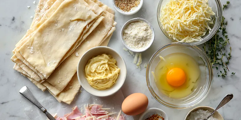 Stacked golden-brown puff pastry squares with visible flaky layers, filled with ham and melted cheese oozing from sides, garnished with fresh thyme and sesame seeds