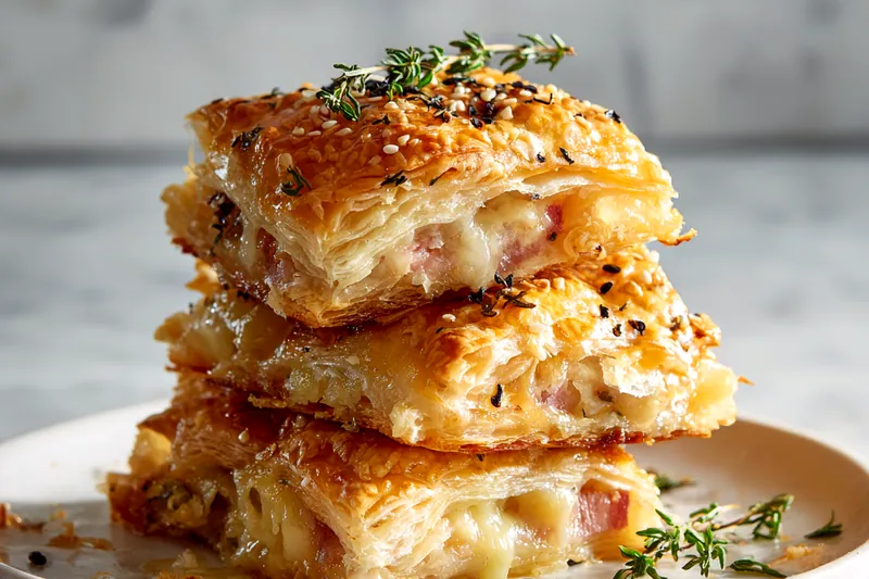 Overhead view of ingredients including folded puff pastry sheets, sliced deli ham, shredded cheese in a bowl, Dijon mustard, and fresh herbs on marble counter