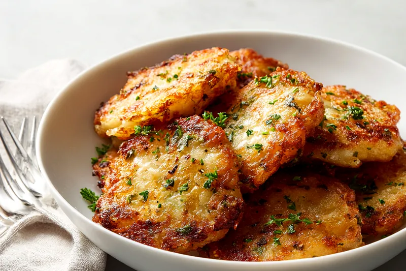 Frying potato fritters in a skillet with golden bubbles, showing the transition from raw to crispy