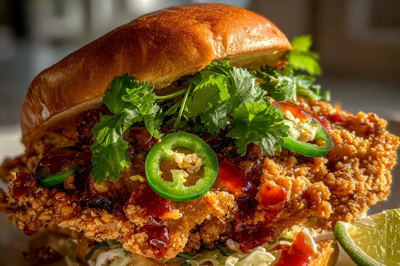Raw chicken thighs, bowl of buttermilk, flour, spices, fresh cilantro bunch, jalapeños, and brioche buns on a counter