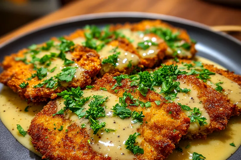 A step-by-step visual of frying pork schnitzel in a hot skillet, showcasing the golden brown crust.