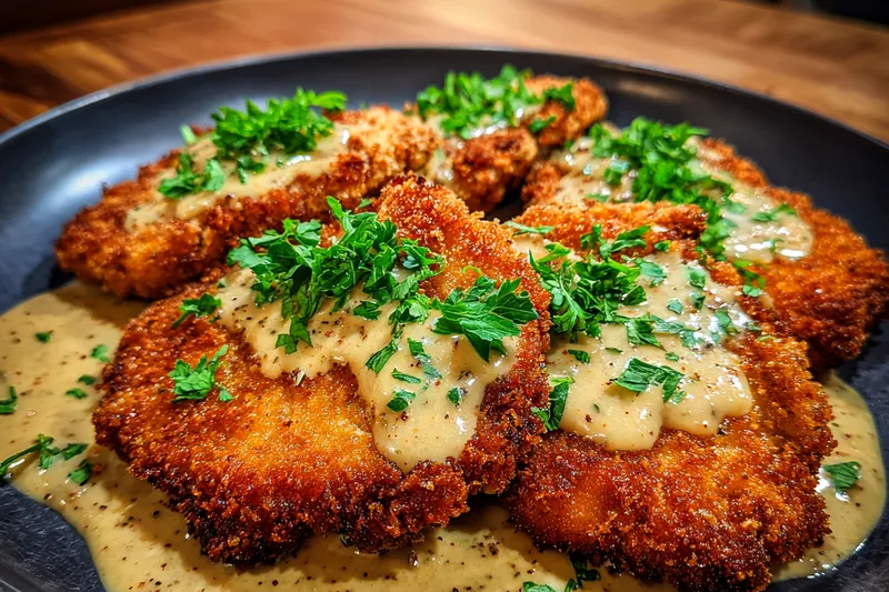 A delightful display of ingredients for crispy pork schnitzel including pork cutlets, flour, eggs, and breadcrumbs.
