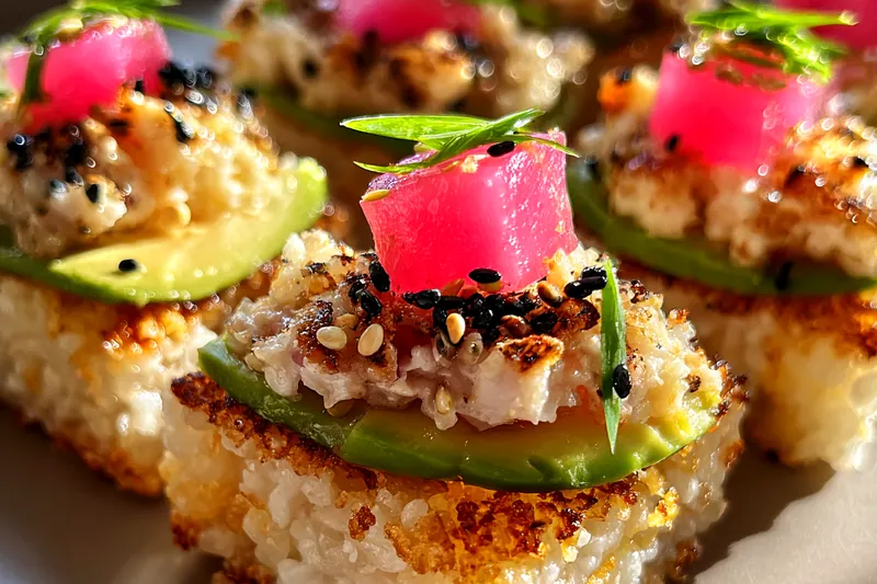 Cooking process for Crispy Rice with Salmon Topping