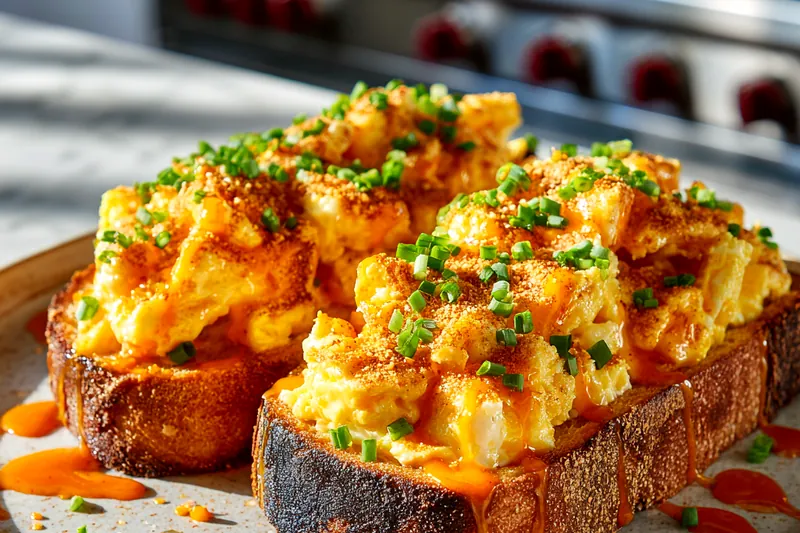 Close up of crispy fried egg white chunks being placed on top of creamy egg yolk spread on toasted bread