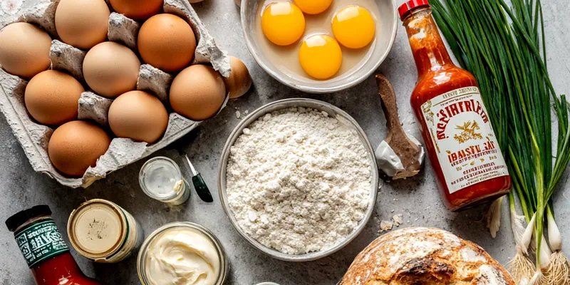 Thick slice of charred sourdough toast piled with creamy egg yolk salad, crispy fried egg white chunks, drizzled with orange Sriracha honey and chives.