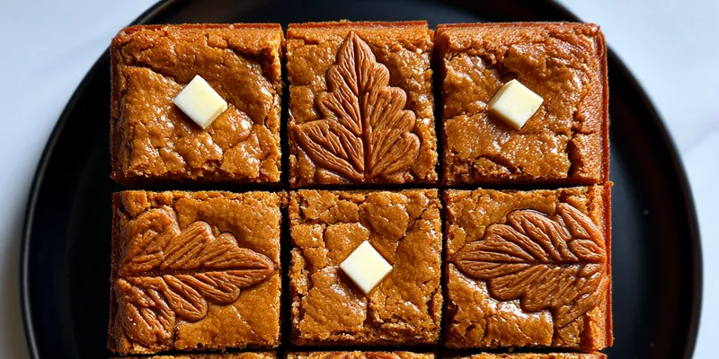 Golden brown Biscoff blondies topped with cookie crumbs, arranged on a white plate.