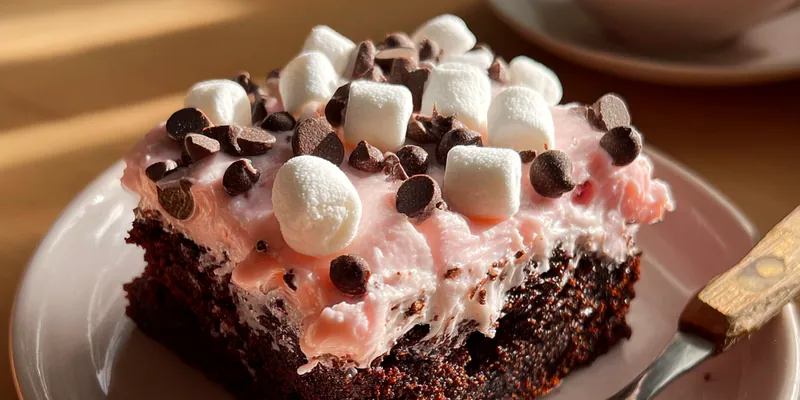 Delicious Decadent Chocolate Marshmallow Cake served on a plate