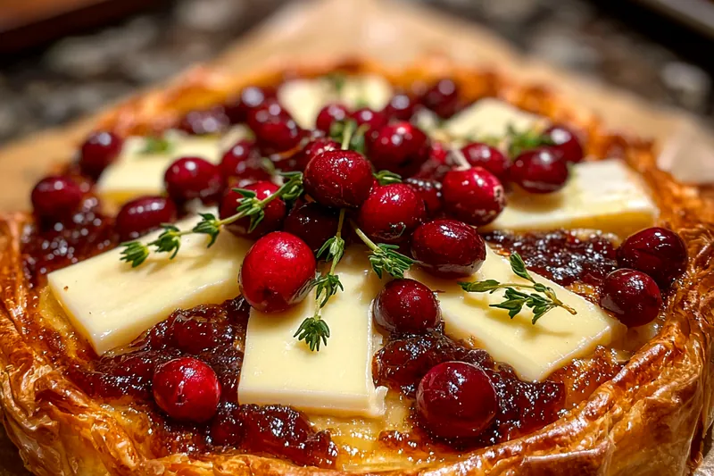 A collection of fresh cranberries, brie cheese, and puff pastry ready for the tart