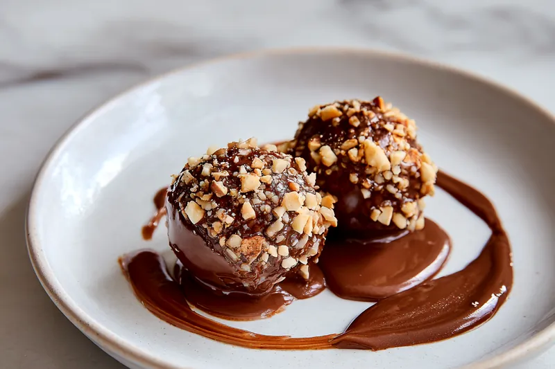 Close up of a chocolate truffle being rolled in chopped hazelnuts