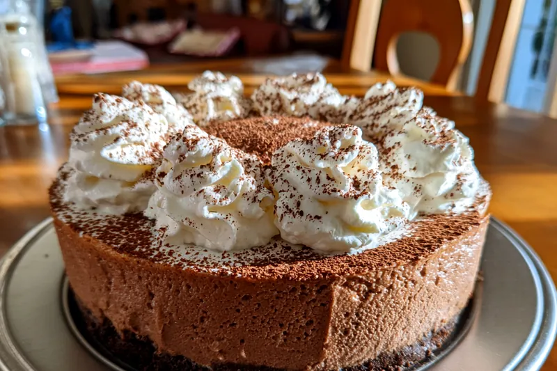 The cooking process of Decadent Hot Cocoa Cheesecake, showcasing the creamy filling being poured into the crust.
