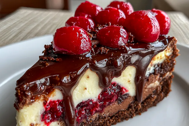 A step-by-step photo guide displaying the process of making Decadent No-Bake Black Forest Cheesecake.