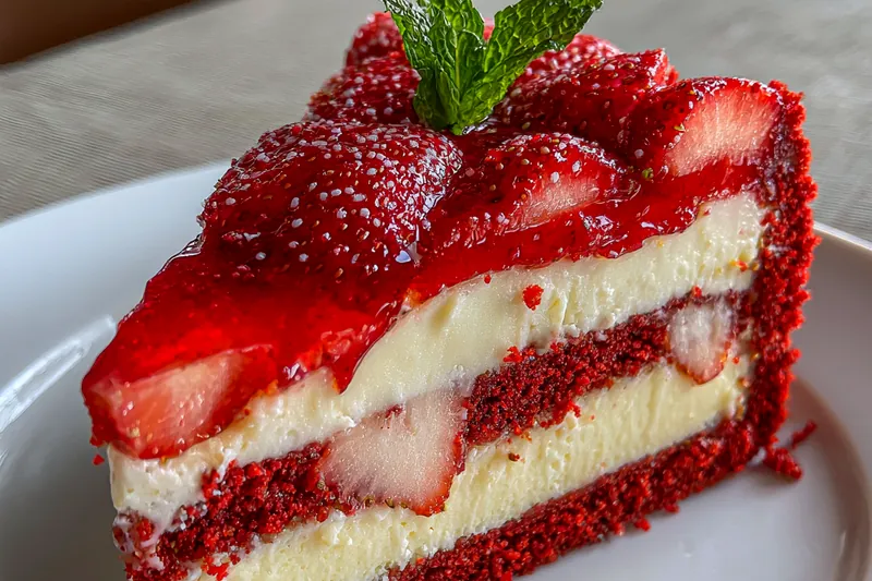 Steps of assembling and baking the Decadent Red Velvet Cheesecake in a kitchen.