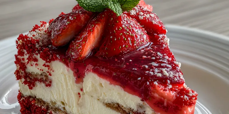 A beautifully plated slice of Decadent Red Velvet Cheesecake with cream on top.