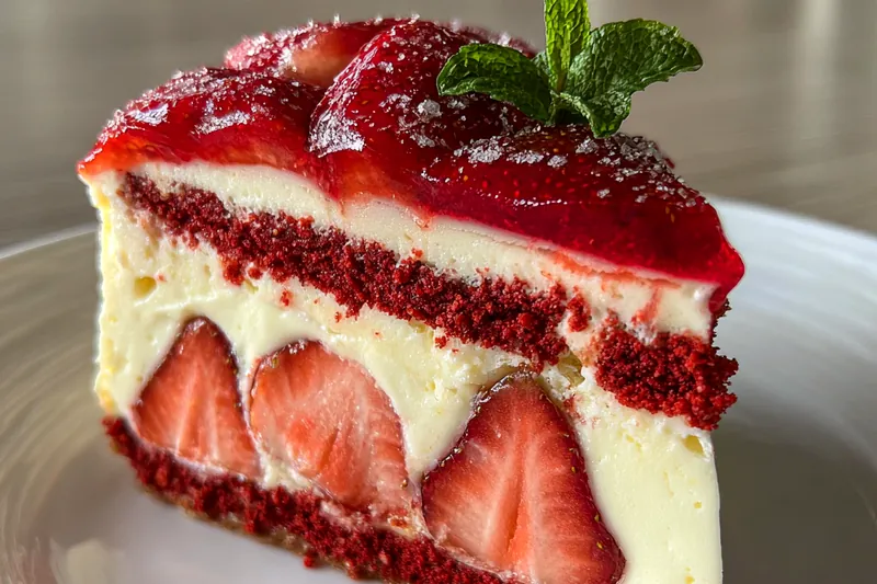An assortment of ingredients for Decadent Red Velvet Cheesecake displayed on a kitchen counter.