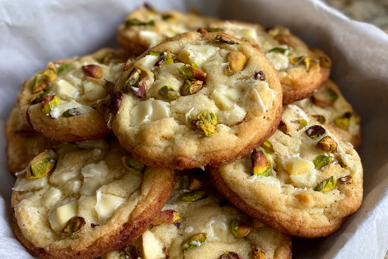 Step-by-step images of baking Decadent White Chocolate Pistachio Cookies