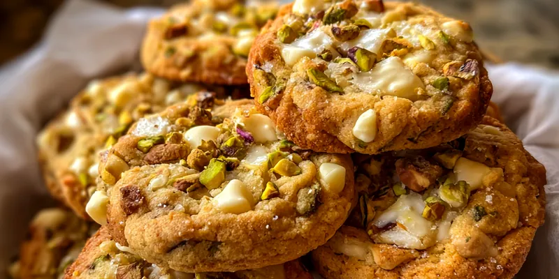 A plate of freshly baked Decadent White Chocolate Pistachio Cookies with a glass of milk
