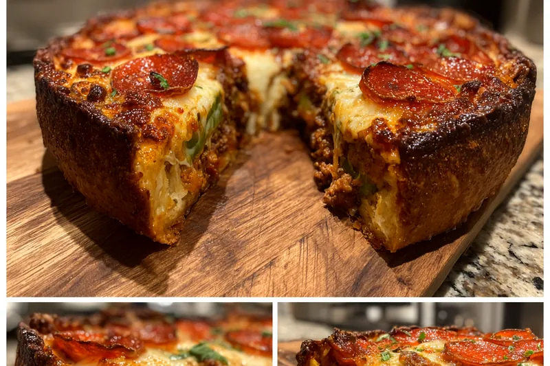 Capturing the baking process of Ultimate Deep-Dish Pizza Delight in the oven, showing the bubbling cheese.