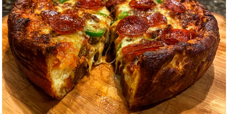 A delicious slice of Ultimate Deep-Dish Pizza Delight with melted cheese and colorful toppings on a wooden board.