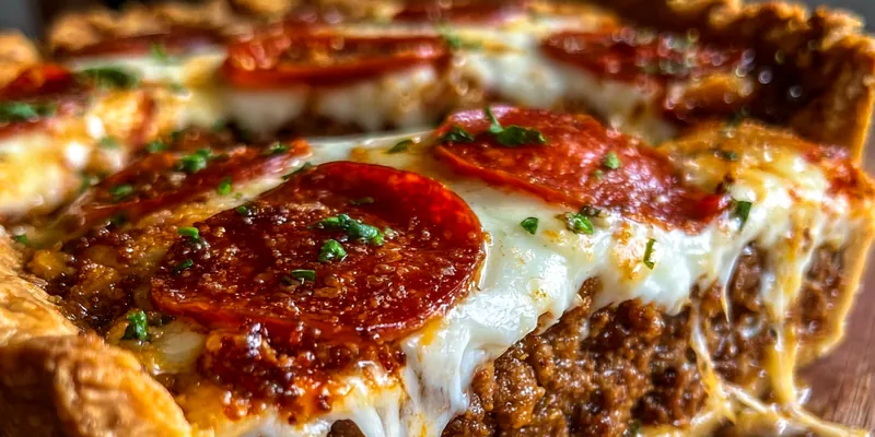 A deliciously baked Savory Hamburger Pepperoni Pie Delight on a wooden table, showcasing a golden crust and bubbling cheese.