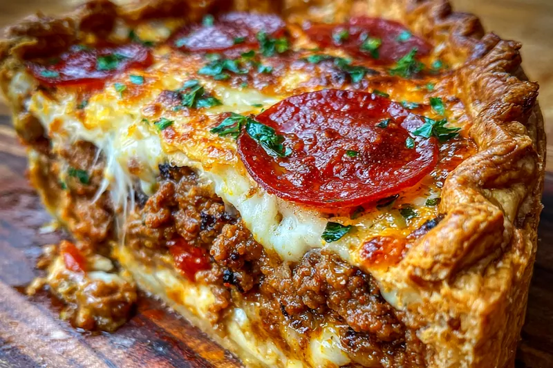A beautiful arrangement of ingredients for Savory Hamburger Pepperoni Pie Delight including ground beef, pepperoni, cheese, and vegetables.