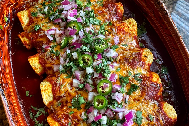 A vibrant image showing the cooking process of Delicious Birria Enchiladas, featuring simmering beef and fresh toppings.